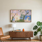 Cherry blossom street art on a TV above a walnut credenza with a brass lamp and a monstera plant