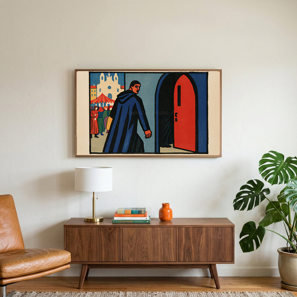 Woodcut monk art on a TV above a walnut credenza with a brass lamp and a monstera plant