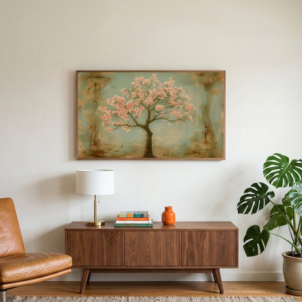 Cherry blossom tree art on a TV above a walnut credenza with a brass lamp and a monstera plant