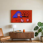 Blue hair portrait art on a TV above a walnut credenza with a brass lamp and a monstera plant