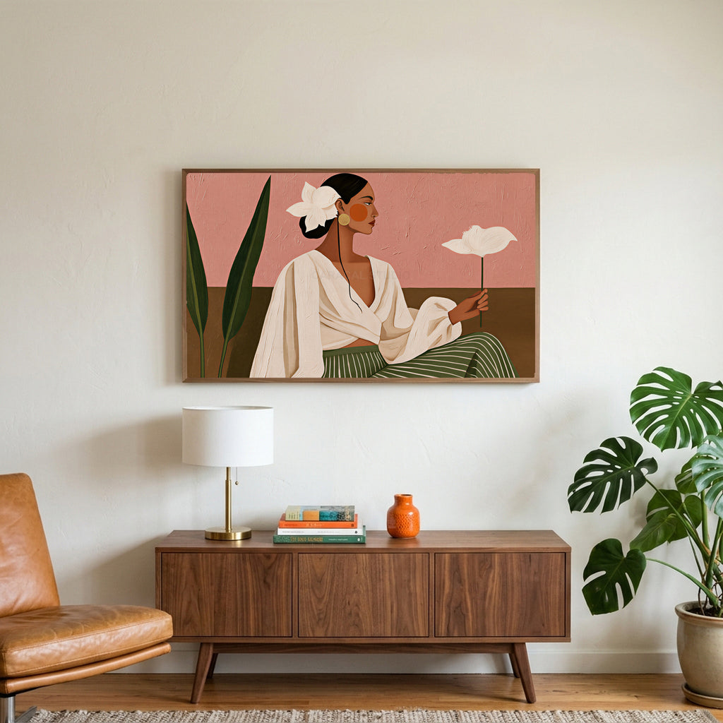 Woman with white flower art on a TV above a walnut credenza with a brass lamp and a monstera plant