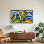 Color block face art on a TV above a walnut credenza with a brass lamp and a monstera plant