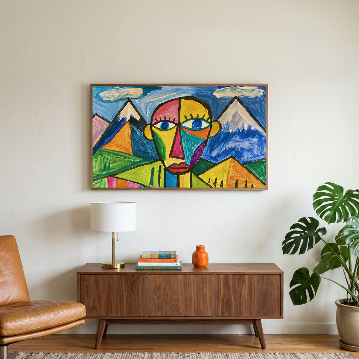 Color block face art on a TV above a walnut credenza with a brass lamp and a monstera plant