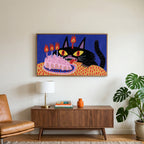 Birthday cat art on a TV above a walnut credenza with a brass lamp and a monstera plant