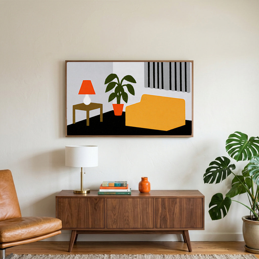 Mid century room art on a TV above a walnut credenza with a brass lamp and a monstera plant