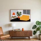 Mid century room art on a TV above a walnut credenza with a brass lamp and a monstera plant