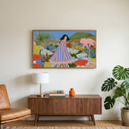 Flower garden and pink fox art on a TV above a walnut credenza with a brass lamp and a monstera plant