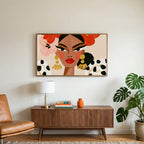 Fashion portrait art on a TV above a walnut credenza with a brass lamp and a monstera plant