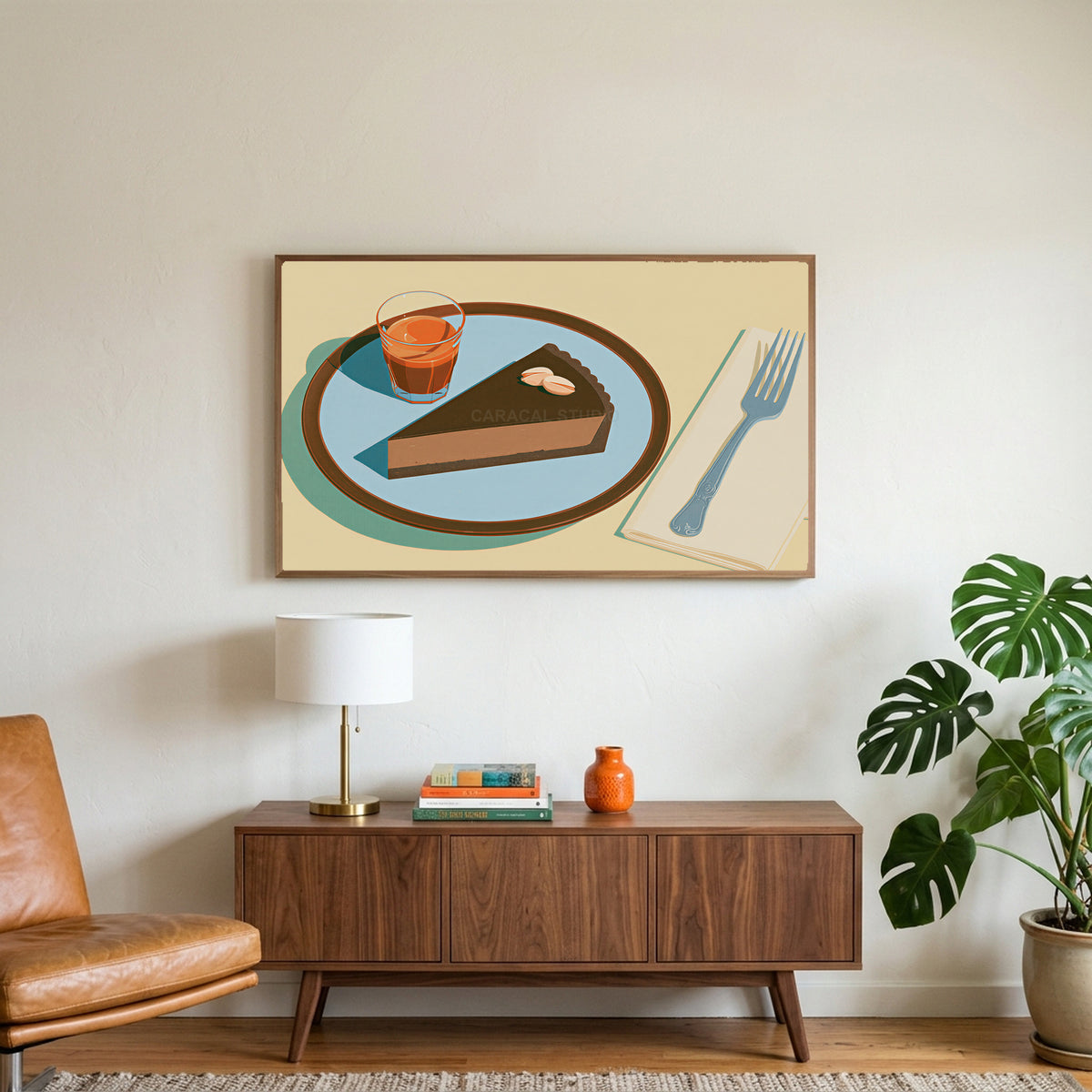 Chocolate tart and espresso art on a TV above a walnut credenza with a brass lamp and a monstera plant