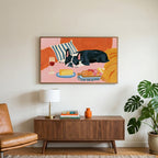 Sleeping French bulldog art on a TV above a walnut credenza with a brass lamp and a monstera plant