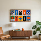 Mid century grid art on a TV above a walnut credenza with a brass lamp and a monstera plant