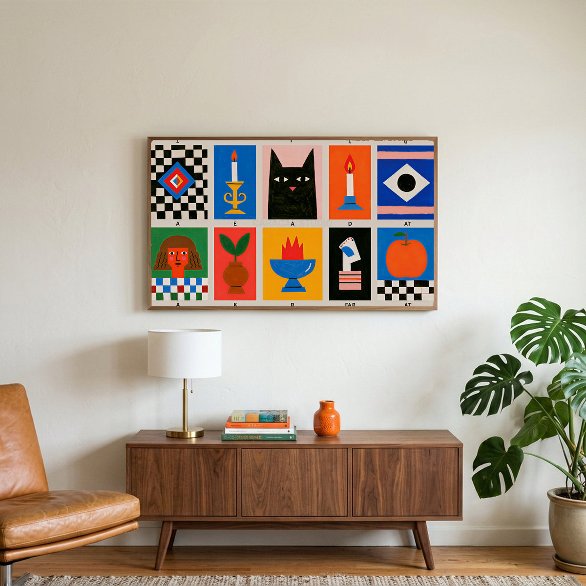 Mid century grid art on a TV above a walnut credenza with a brass lamp and a monstera plant