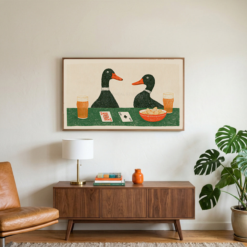 Ducks playing poker art on a TV above a walnut credenza with a brass lamp and a monstera plant