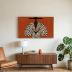 Woman in a zebra coat art on a TV above a walnut credenza with a brass lamp and a monstera plant