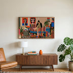 Eclectic retro room art on a TV above a walnut credenza with a brass lamp and a monstera plant