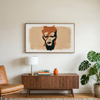 Lightning bolt portrait art on a TV above a walnut credenza with a brass lamp and a monstera plant