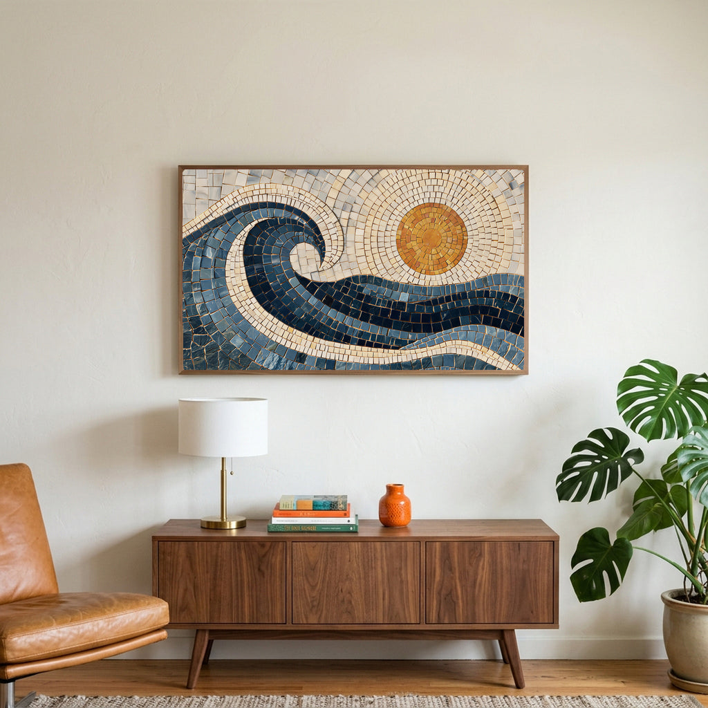 Mosaic wave art on a TV above a walnut credenza with a brass lamp and a monstera plant