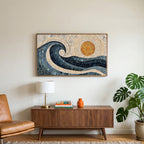 Mosaic wave art on a TV above a walnut credenza with a brass lamp and a monstera plant