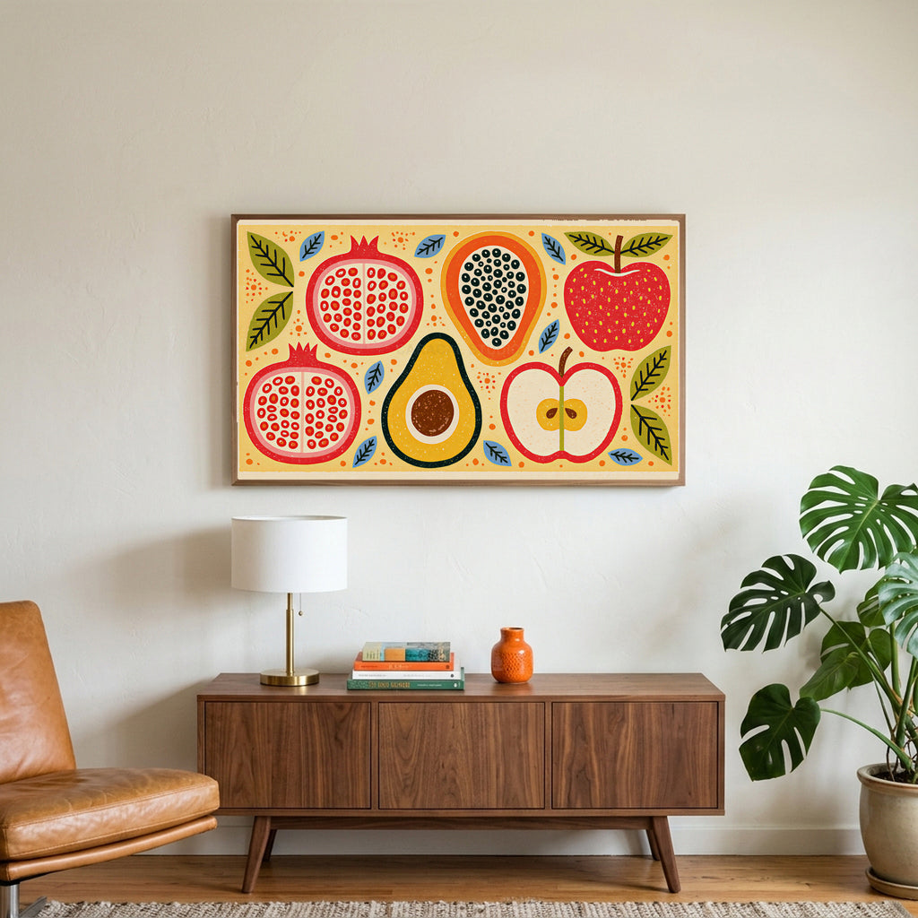 Colorful fruit halves art on a TV above a walnut credenza with a brass lamp and a monstera plant