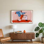Dancing man line art on a TV above a walnut credenza with a brass lamp and a monstera plant