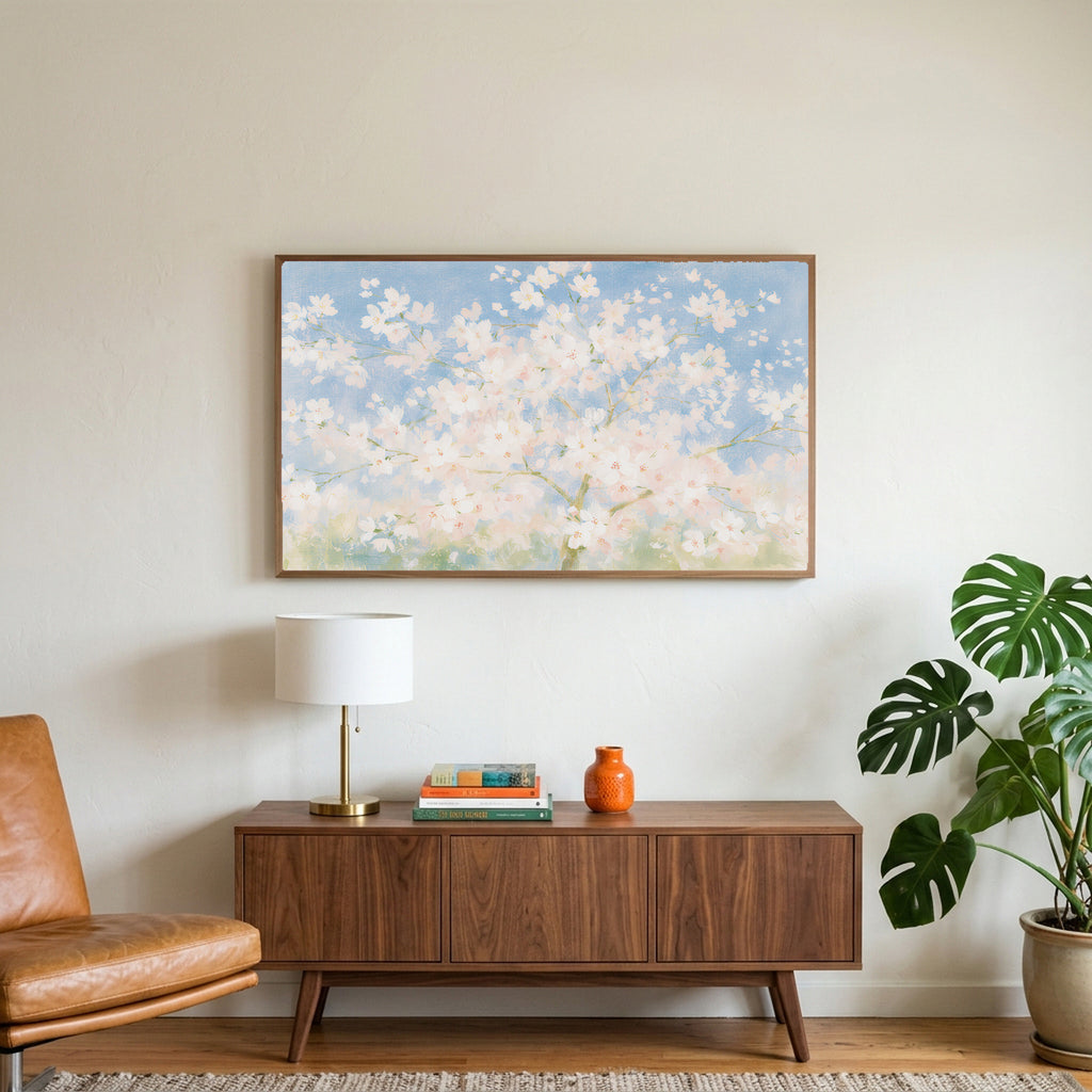Cherry blossom tree art on a TV above a walnut credenza with a brass lamp and a monstera plant