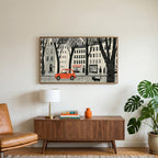 City street art on a TV above a walnut credenza with a brass lamp and a monstera plant
