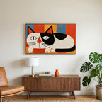 Winking black and white cat art on a TV above a walnut credenza with a brass lamp and a monstera plant