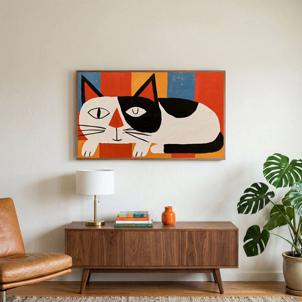 Winking black and white cat art on a TV above a walnut credenza with a brass lamp and a monstera plant