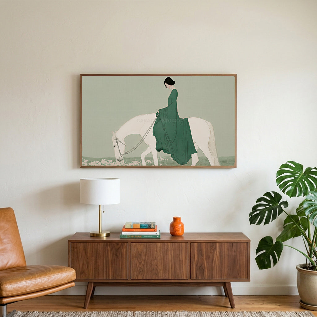 Woman riding a horse art on a TV above a walnut credenza with a brass lamp and a monstera plant
