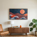 Japanese waves and sun art on a TV above a walnut credenza with a brass lamp and a monstera plant