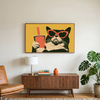 Funny cat in sunglasses art on a TV above a walnut credenza with a brass lamp and a monstera plant