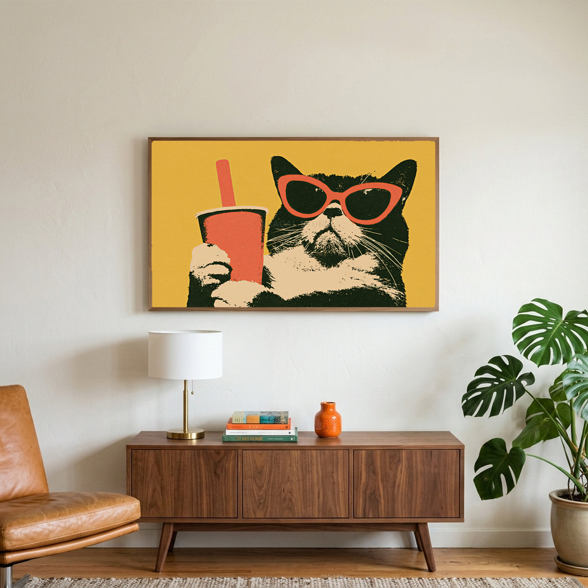 Funny cat in sunglasses art on a TV above a walnut credenza with a brass lamp and a monstera plant