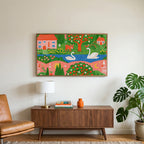 Storybook village with swans art on a TV above a walnut credenza with a brass lamp and a monstera plant