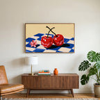 Cherry still life art on a TV above a walnut credenza with a brass lamp and a monstera plant
