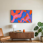Wavy abstract shapes art on a TV above a walnut credenza with a brass lamp and a monstera plant