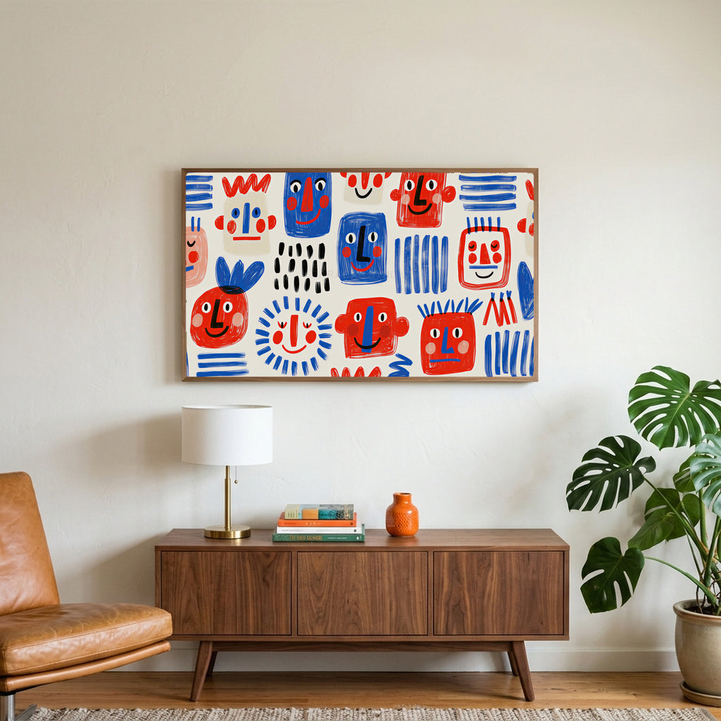 Doodle faces art on a TV above a walnut credenza with a brass lamp and a monstera plant