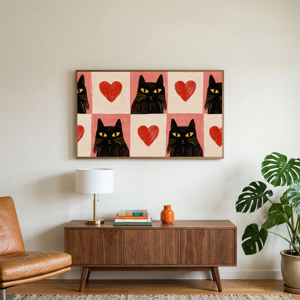 Black cat and heart art on a TV above a walnut credenza with a brass lamp and a monstera plant
