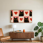 Black cat and heart art on a TV above a walnut credenza with a brass lamp and a monstera plant