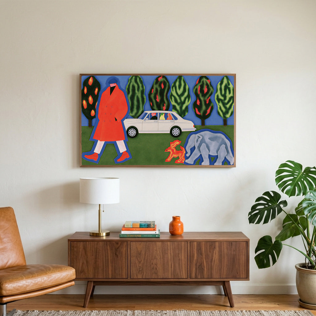 Surreal red coat collage art on a TV above a walnut credenza with a brass lamp and a monstera plant