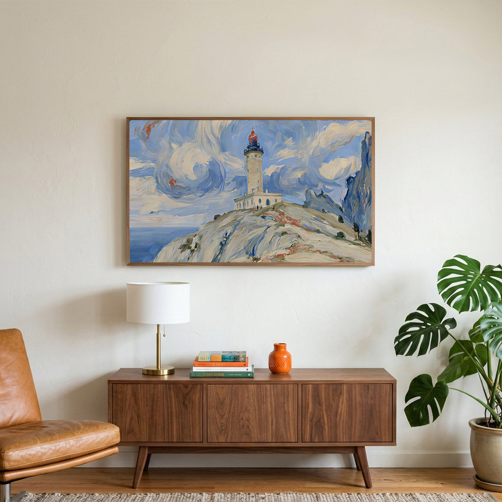 Lighthouse on a cliff art on a TV above a walnut credenza with a brass lamp and a monstera plant