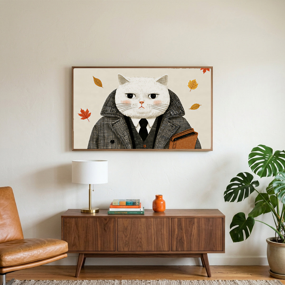Gentleman cat art on a TV above a walnut credenza with a brass lamp and a monstera plant