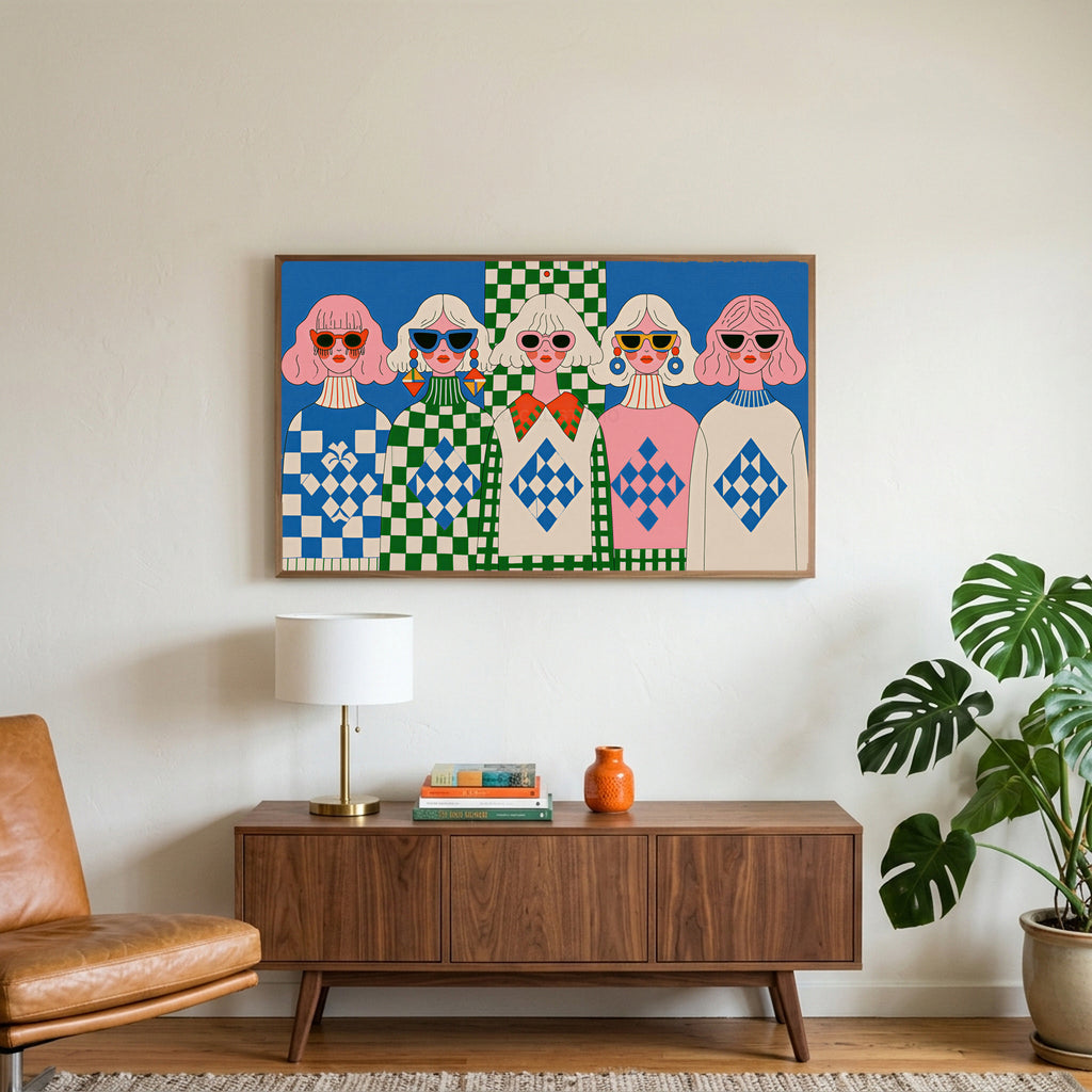 Retro women in sunglasses art on a TV above a walnut credenza with a brass lamp and a monstera plant