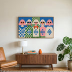 Retro women in sunglasses art on a TV above a walnut credenza with a brass lamp and a monstera plant