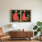 Surreal forest walk art on a TV above a walnut credenza with a brass lamp and a monstera plant