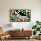 Folk art puffin art on a TV above a walnut credenza with a brass lamp and a monstera plant