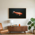 Glowing koi art on a TV above a walnut credenza with a brass lamp and a monstera plant