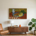 Vintage carrot still life art on a TV above a walnut credenza with a brass lamp and a monstera plant