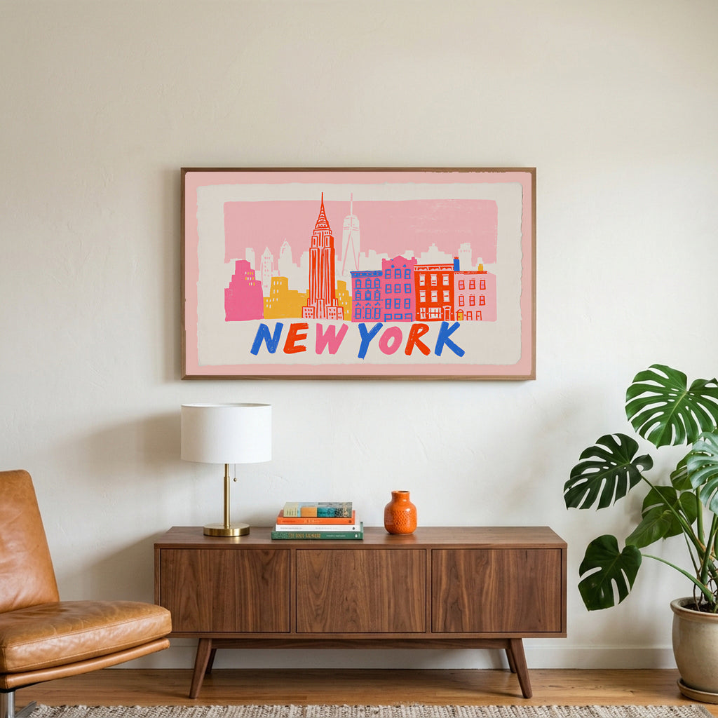 New York skyline art on a TV above a walnut credenza with a brass lamp and a monstera plant