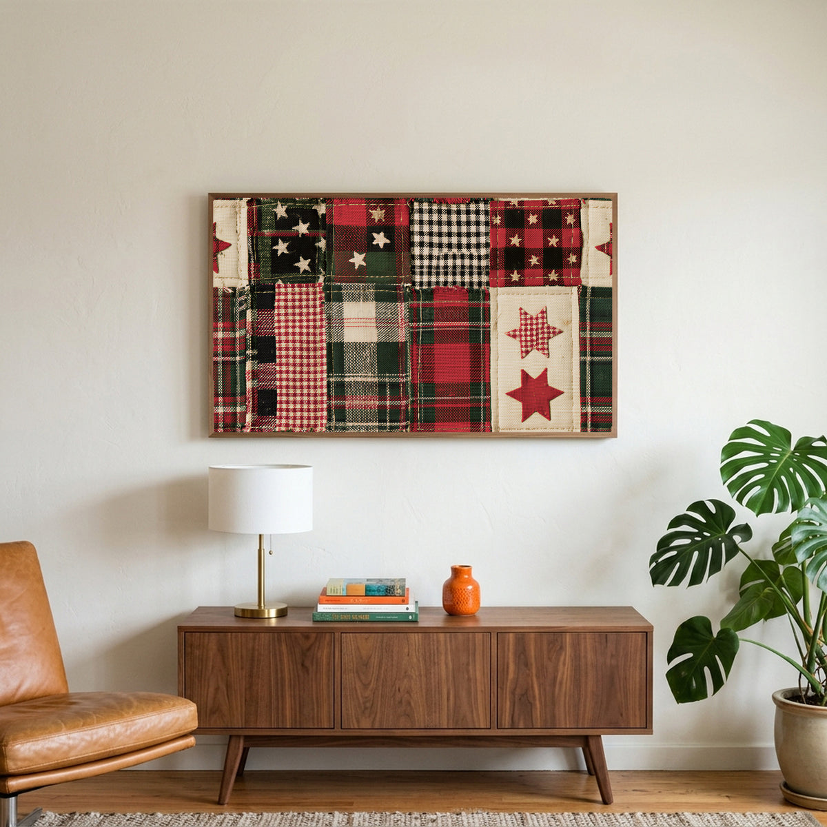 Plaid patchwork quilt art on a TV above a walnut credenza with a brass lamp and a monstera plant