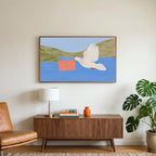 Dove with a letter art on a TV above a walnut credenza with a brass lamp and a monstera plant